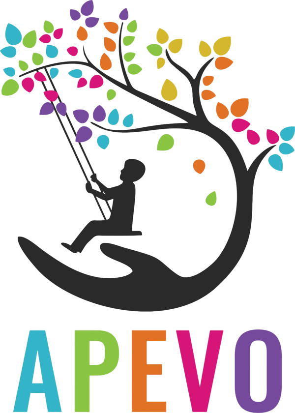 Logótipo da APEVO: uma criança num baloiço pendurado numa árvore de folhas coloridas